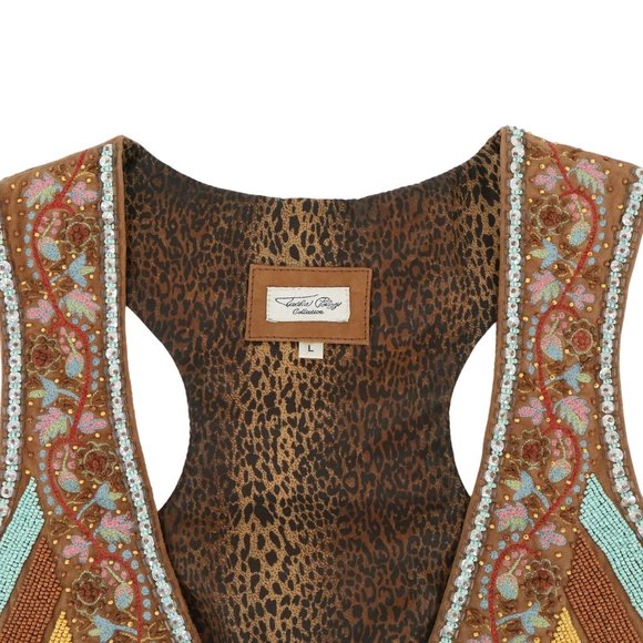 New Tasha Polizzi Heavily Beaded Floral Embroidered Brown Leather Western Vest L - Picture 6 of 15